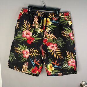 LRG Lifted Research Group Mens M Pin Up Girl Skull Floral Print Board Short READ